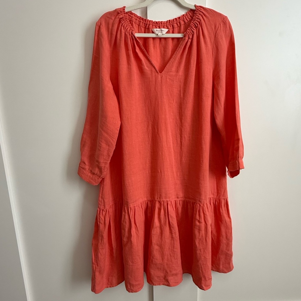 Part Two Chania Linen Dress Ruffle Sleeve Popover Cool Breezy Simple Orange M - Picture 2 of 6